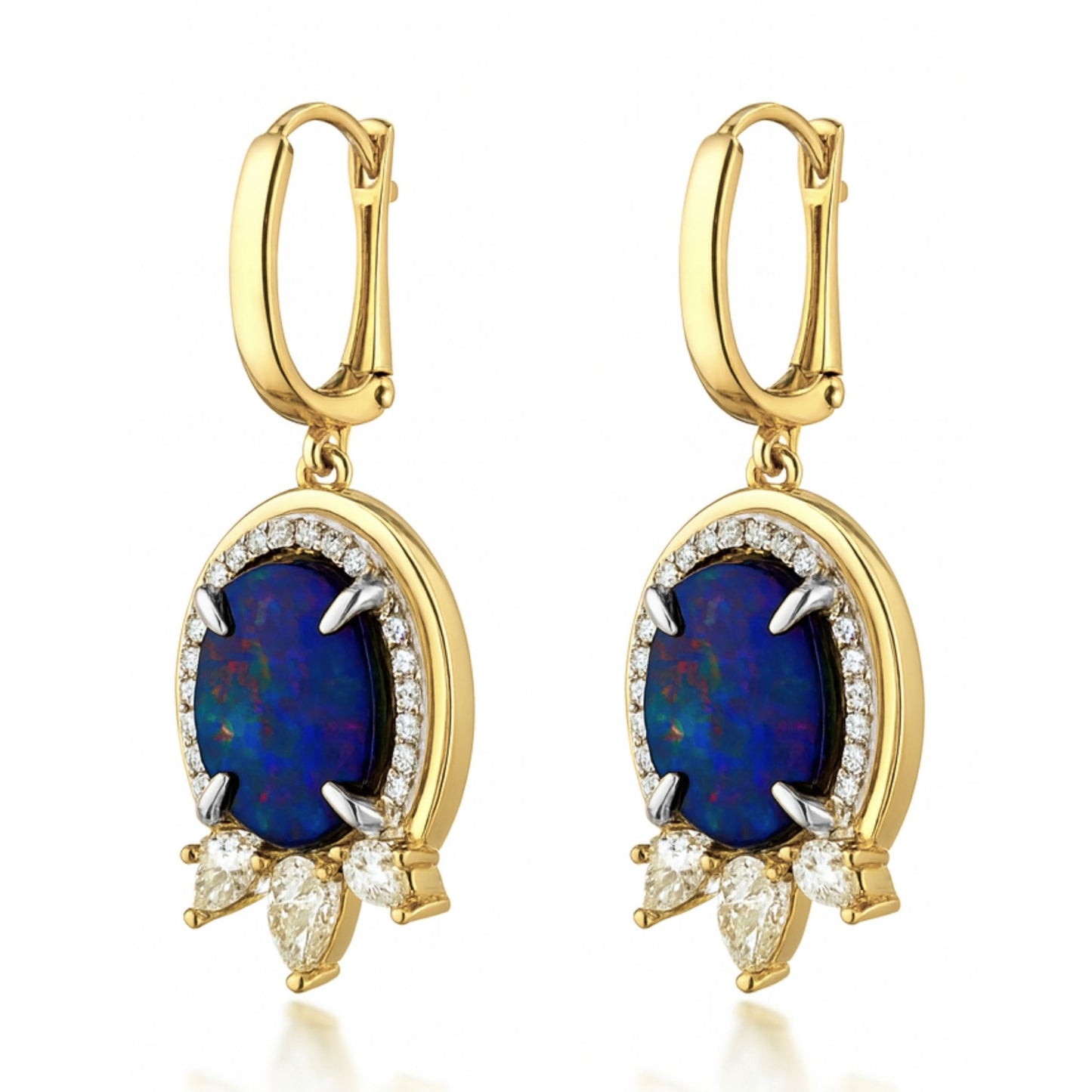 18K 8.78cttw Oval Black Opal 2.13cttw VS Yellow & White Diamonds Drop Earrings