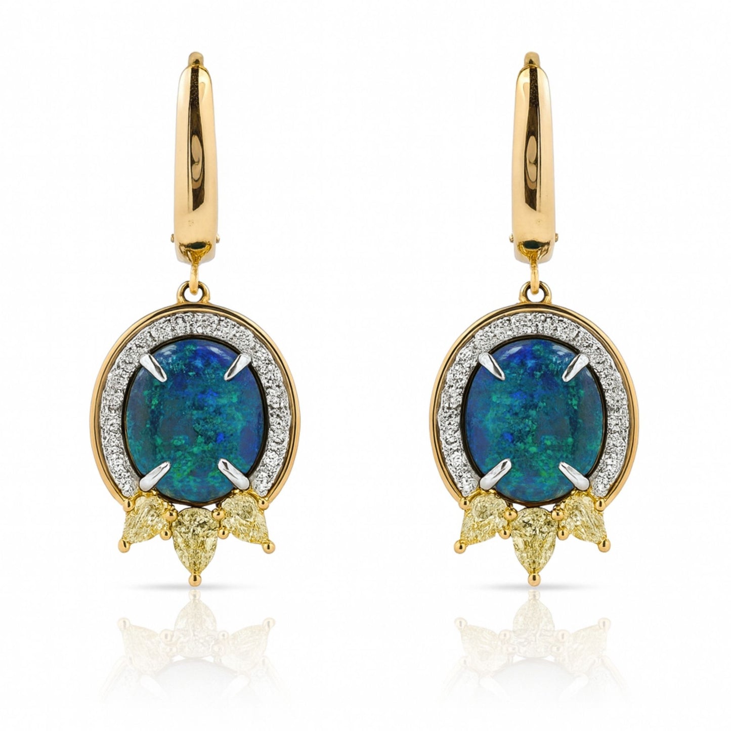 18K 8.78cttw Oval Black Opal 2.13cttw VS Yellow & White Diamonds Drop Earrings