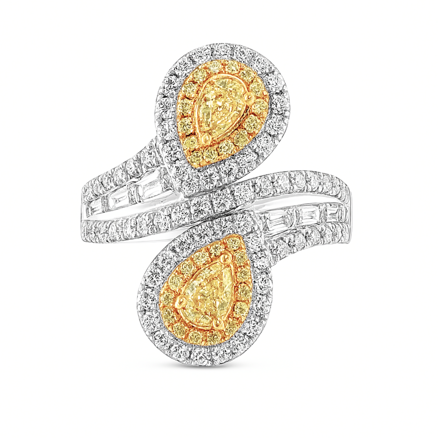 18K 0.42cttw Pear Shape Yellow Diamond 0.41cttw Tapered Baguette White Diamond 0.69cttw White Diamonds 0.17cttw Yellow Diamonds Ring