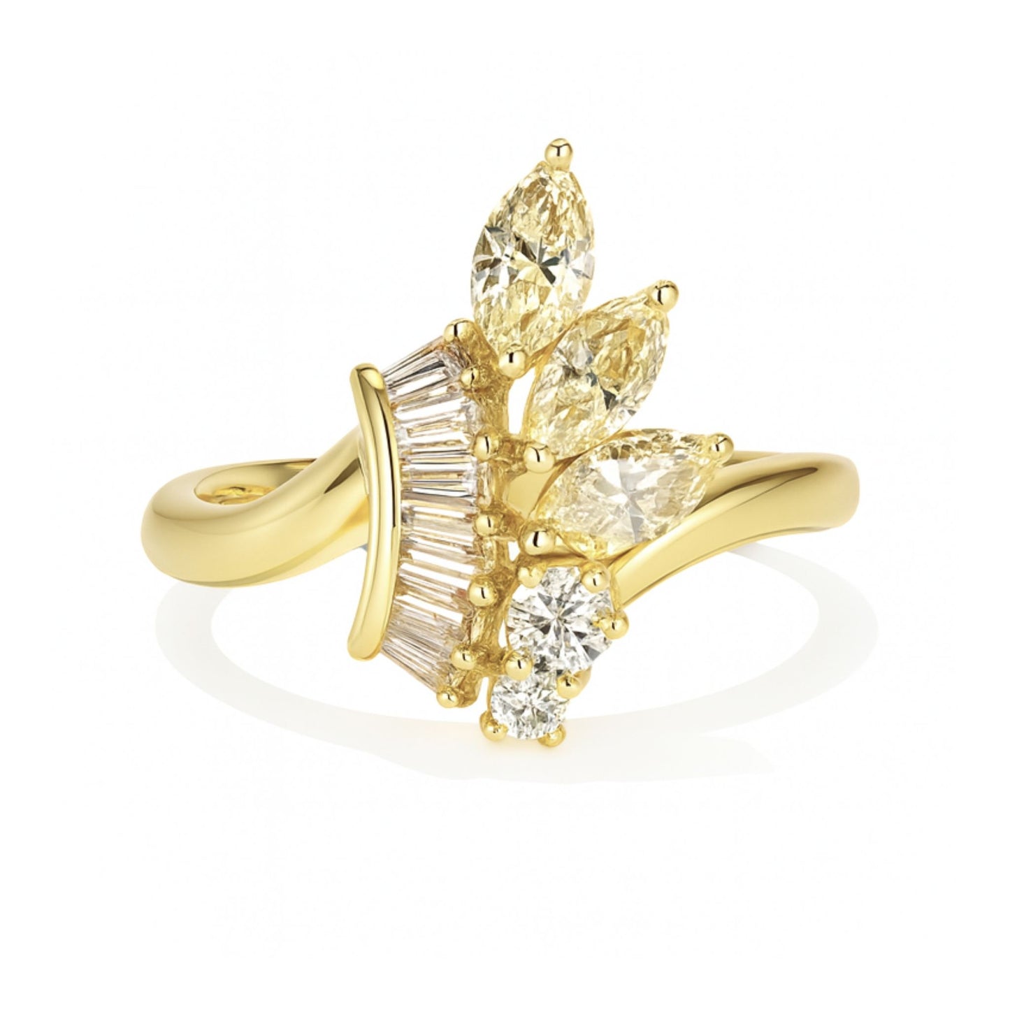 18K 0.71cttw Marquise Yellow Diamond 0.43cttw Round and Tapered Baguette White Diamonds Ring