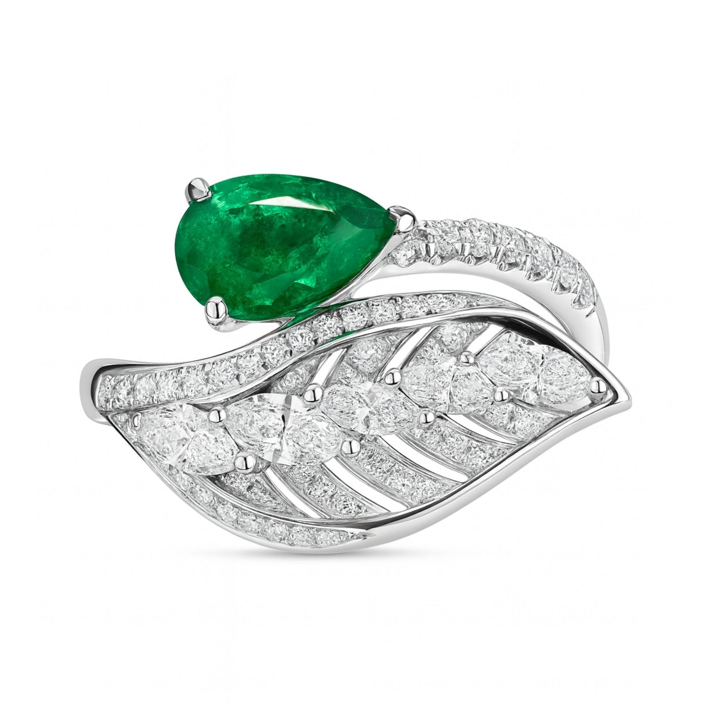 18K 0.94ct Pear Shape Colombian Emerald 0.74cttw White Diamonds Ring