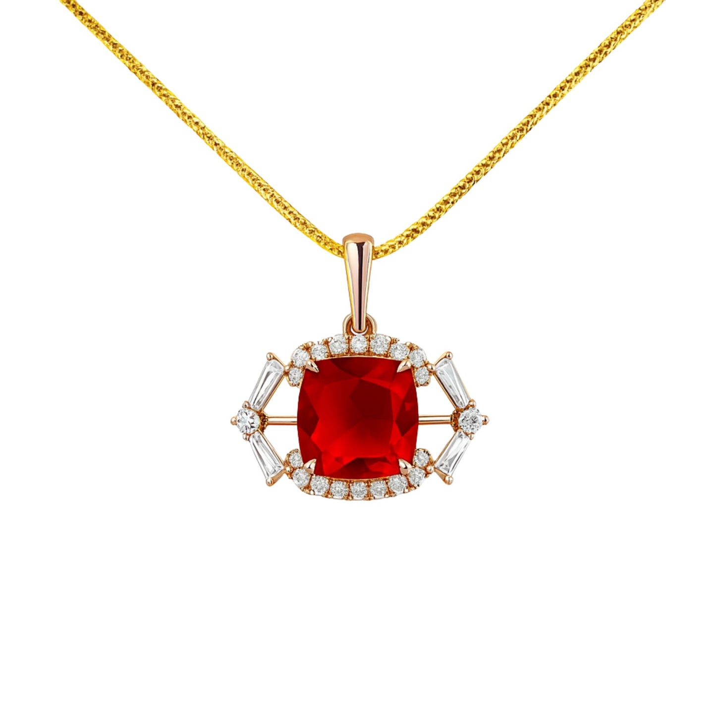 18K 1.02ct Cushion Fire Opal 0.13cttw Round and Tapered Baguette White Diamonds Necklace