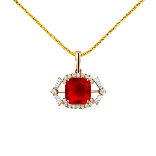 18K 1.02ct Cushion Fire Opal 0.13cttw Round and Tapered Baguette White Diamonds Necklace
