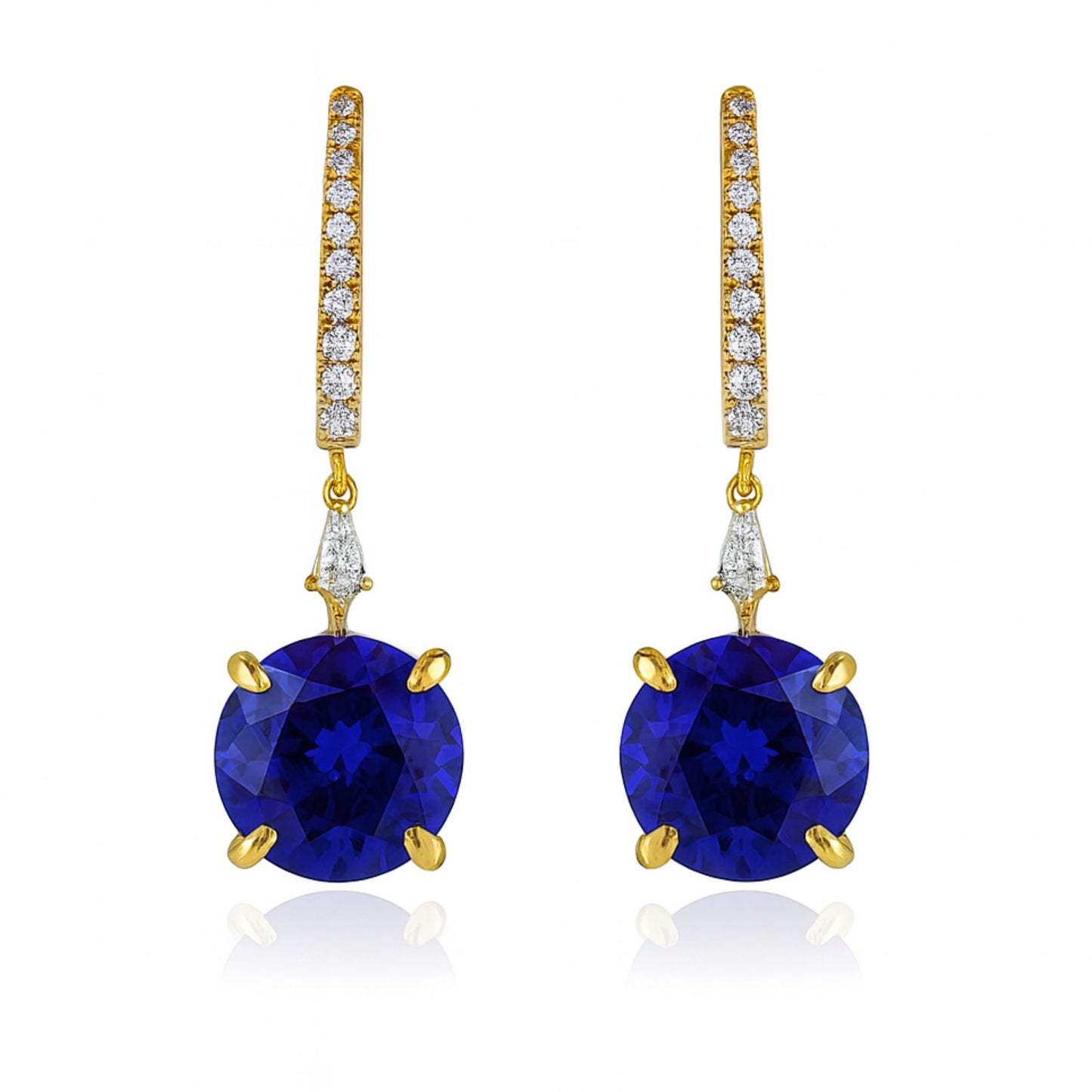 18K 10.72cttw Round Blue Wing Tanzanite 0.18cttw White Diamonds Drop Earrings