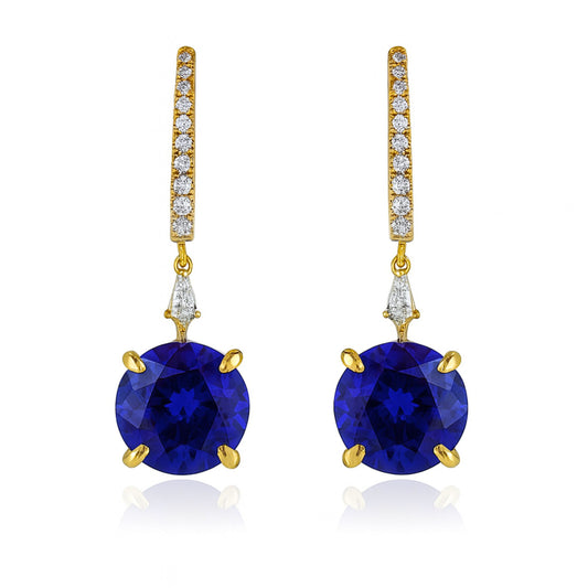 18K 10.72cttw Round Blue Wing Tanzanite 0.18cttw White Diamonds Drop Earrings