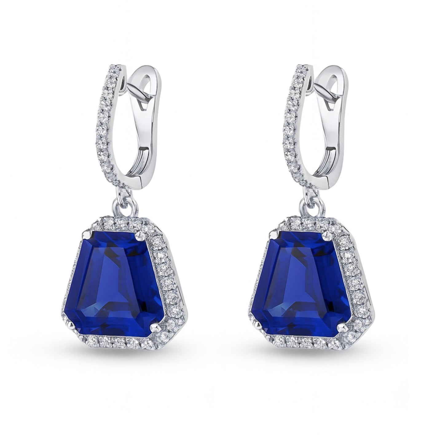 18K 13.70cttw Fancy Cut Blue Wing Tanzanite 0.85cttw VS White Diamonds Drop Earrings
