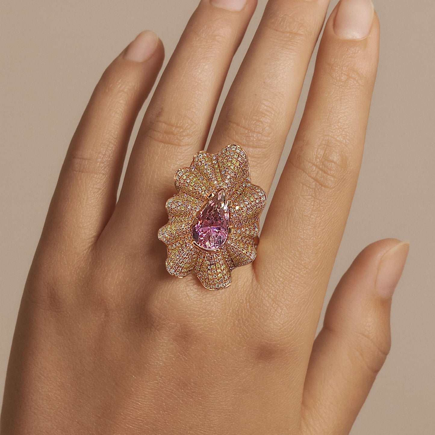 18K 5.18ct Pear Shape Bi-Color Unheated Pink Golden Zoisite 2.39cttw Pink, Yellow, and White Diamonds Ring