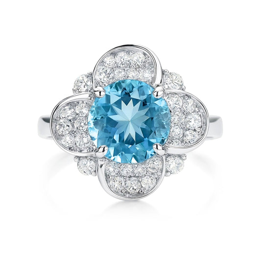 14K 2.18ct Round Santa Maria Aquamarine 0.58cttw VS White Diamonds Ring