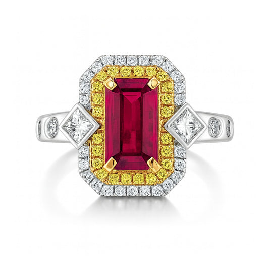 14K 2.06ct Emerald Cut Burma Ruby 0.74cttw VS Yellow & White Diamonds Ring