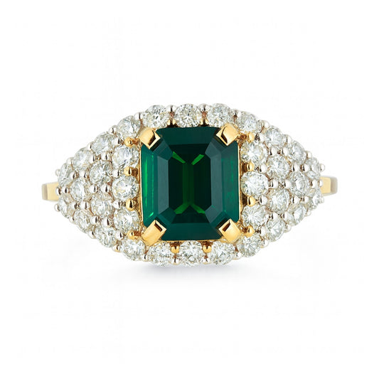 14K 2.06ct Emerald Cut Tsavorite 1.18cttw VS White Diamonds Ring