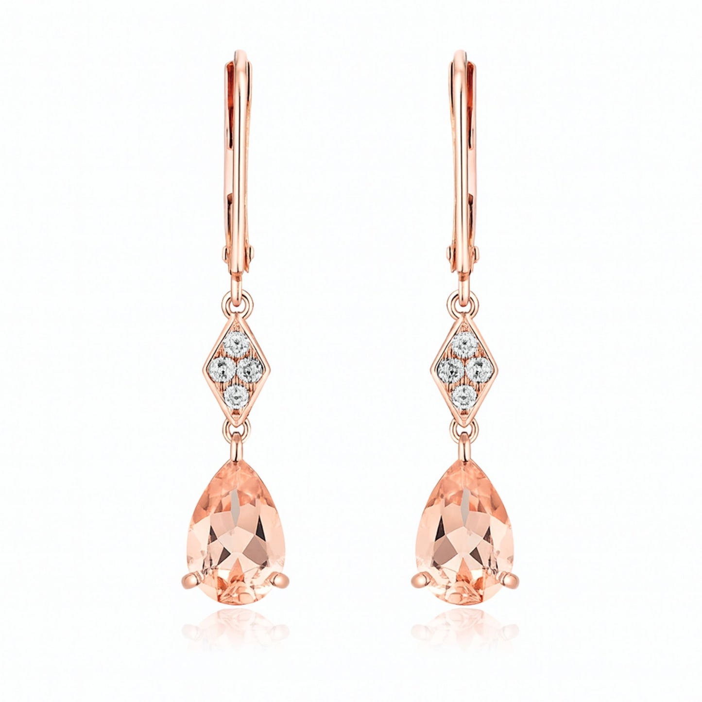 14K 2.20cttw Pear Shape Morganite 0.12cttw VS White Diamonds Earrings