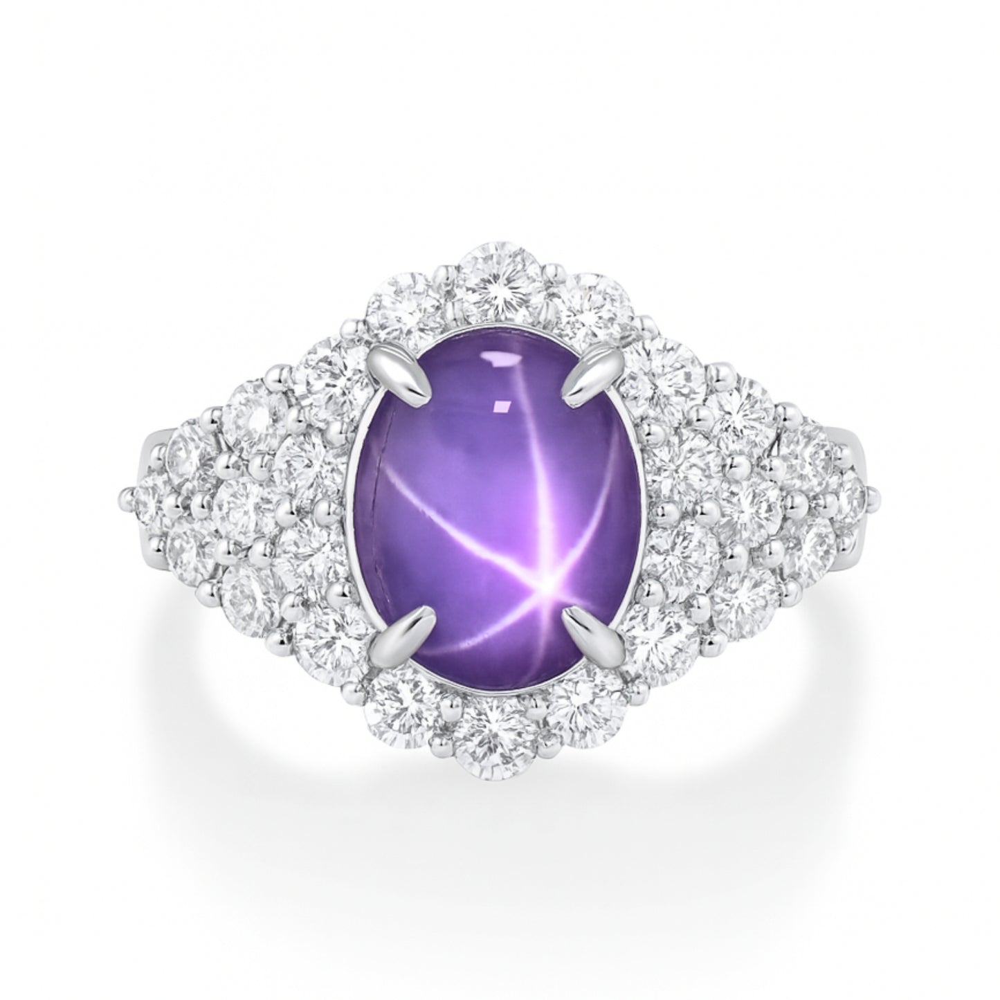 14K 2.45ct Oval Unheated Star Sapphire 1.18cttw VS White Diamonds Ring