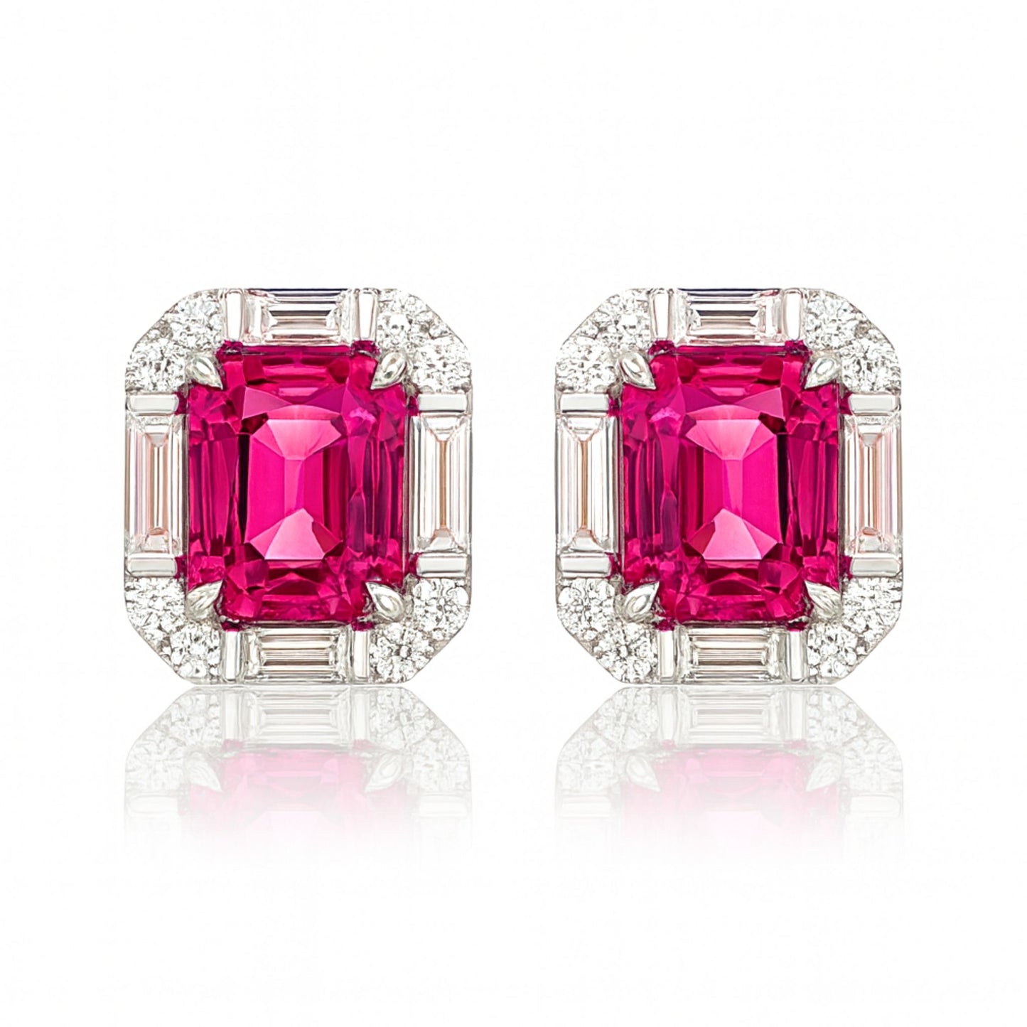 14K 2.63cttw Cushion Mahenge Pink Spinel 0.84cttw VS Baguette White Diamonds Stud Earrings