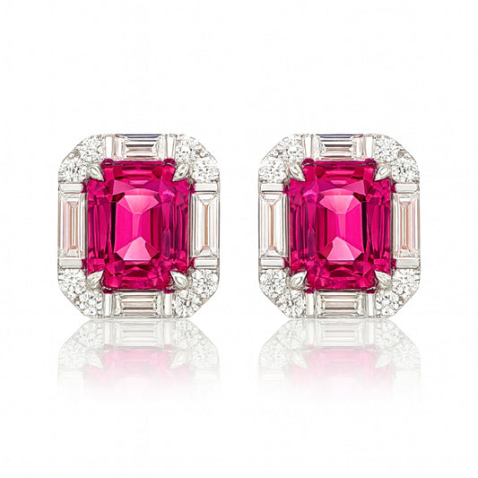 14K 2.63cttw Cushion Mahenge Pink Spinel 0.84cttw VS Baguette White Diamonds Stud Earrings