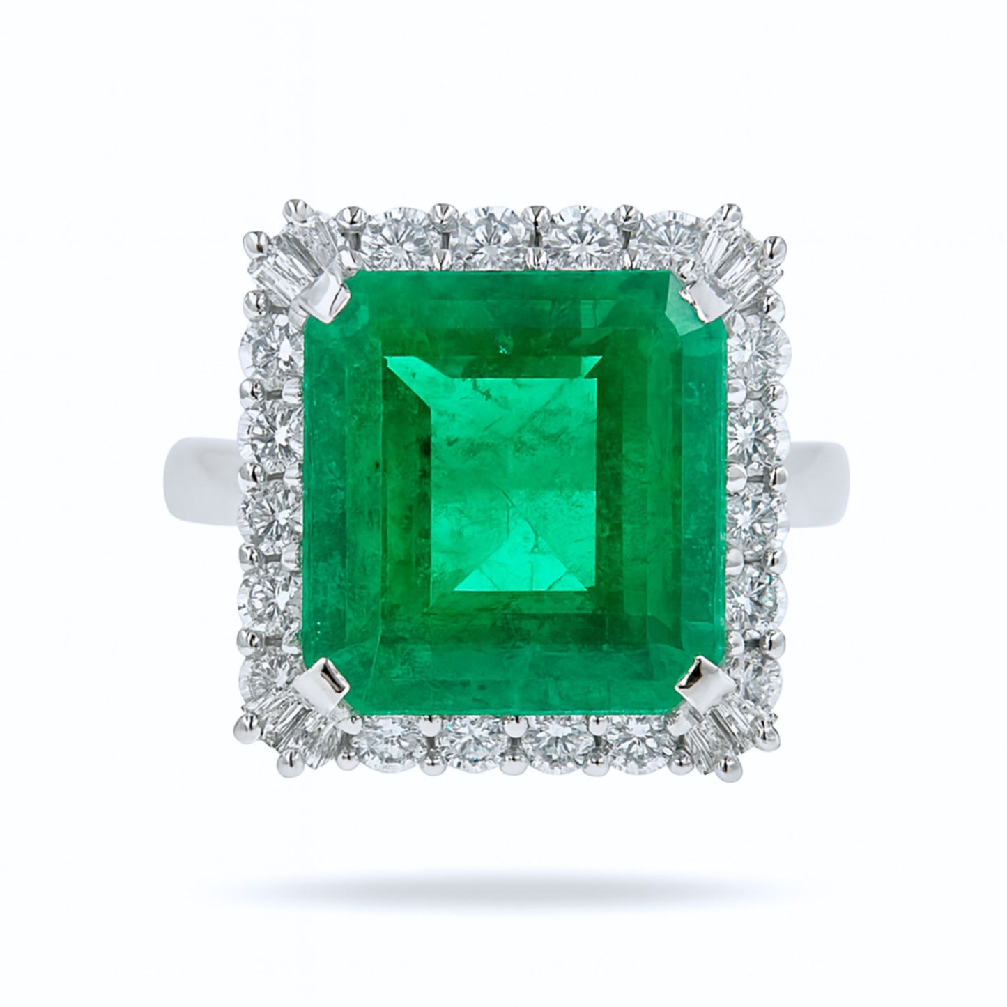 Platinum 8.63ct Emerald Cut Colombian Emerald 0.98cttw White Diamonds Ring