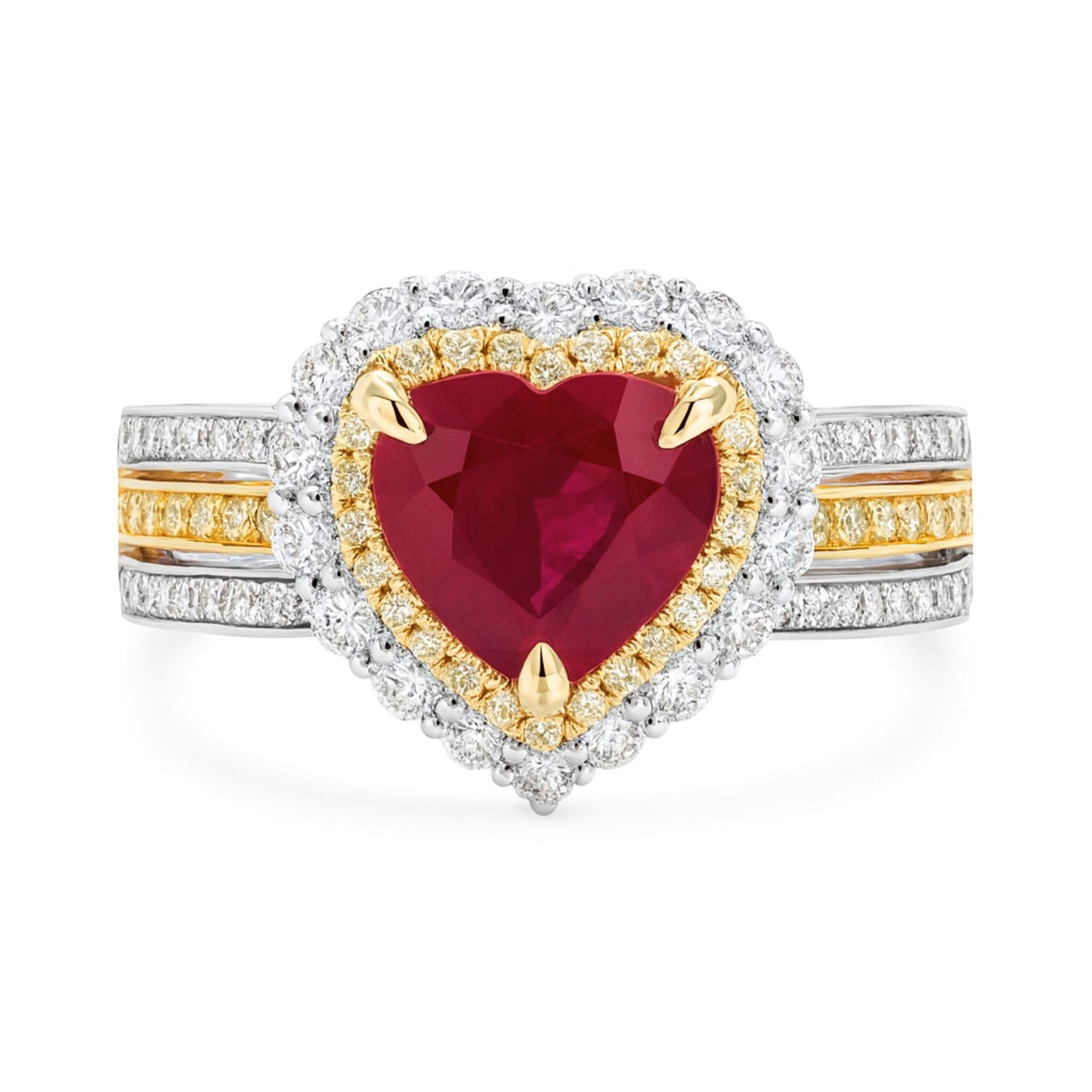 14K 1.12ct Heart Shape Burma Ruby 0.22cttw Yellow Diamonds 0.48cttw White Diamonds Ring
