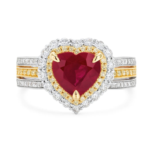 14K 1.12ct Heart Shape Burma Ruby 0.22cttw Yellow Diamonds 0.48cttw White Diamonds Ring
