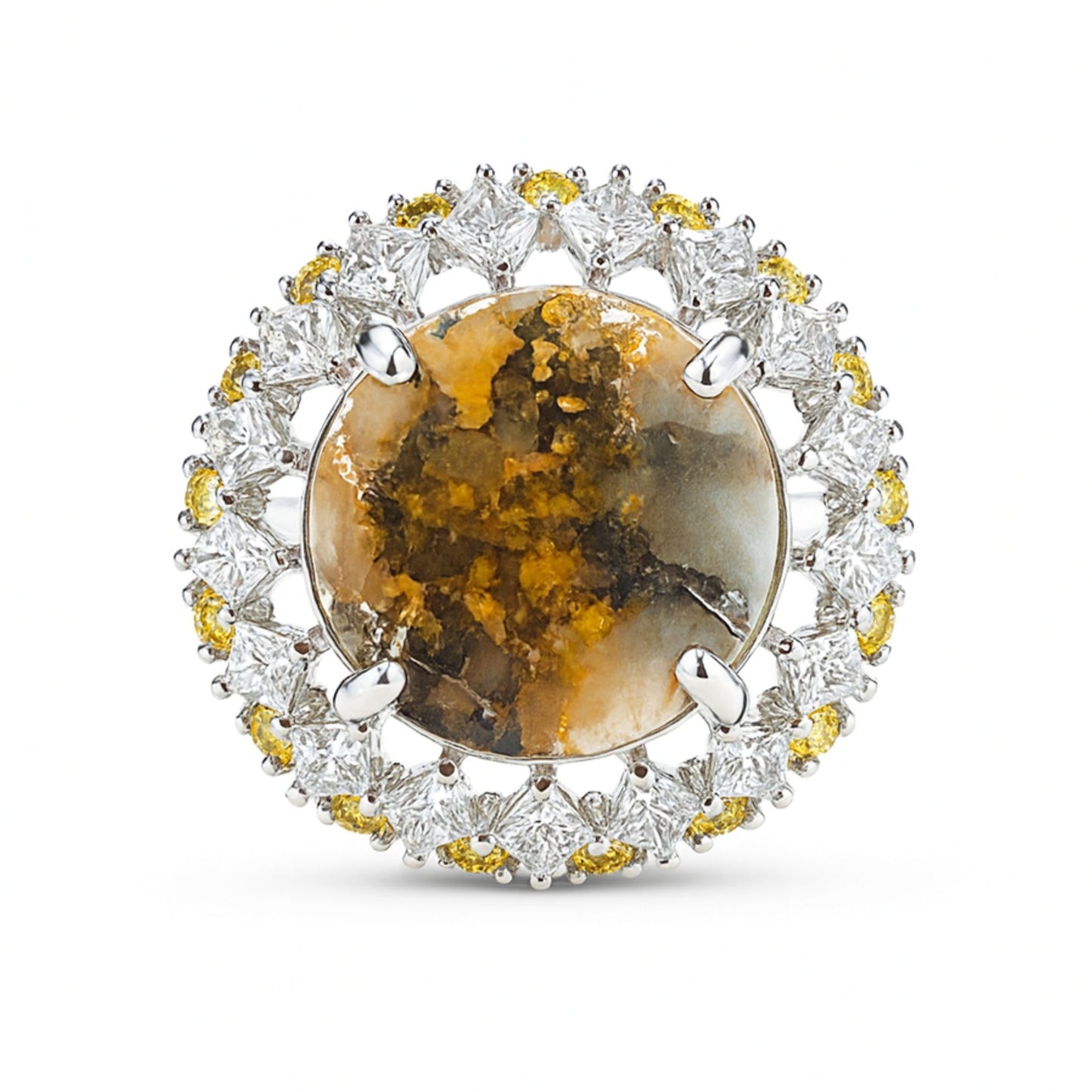 14K 5.50ct Round Natural Gold Quartz 1.04cttw VS Yellow & White Diamonds Ring