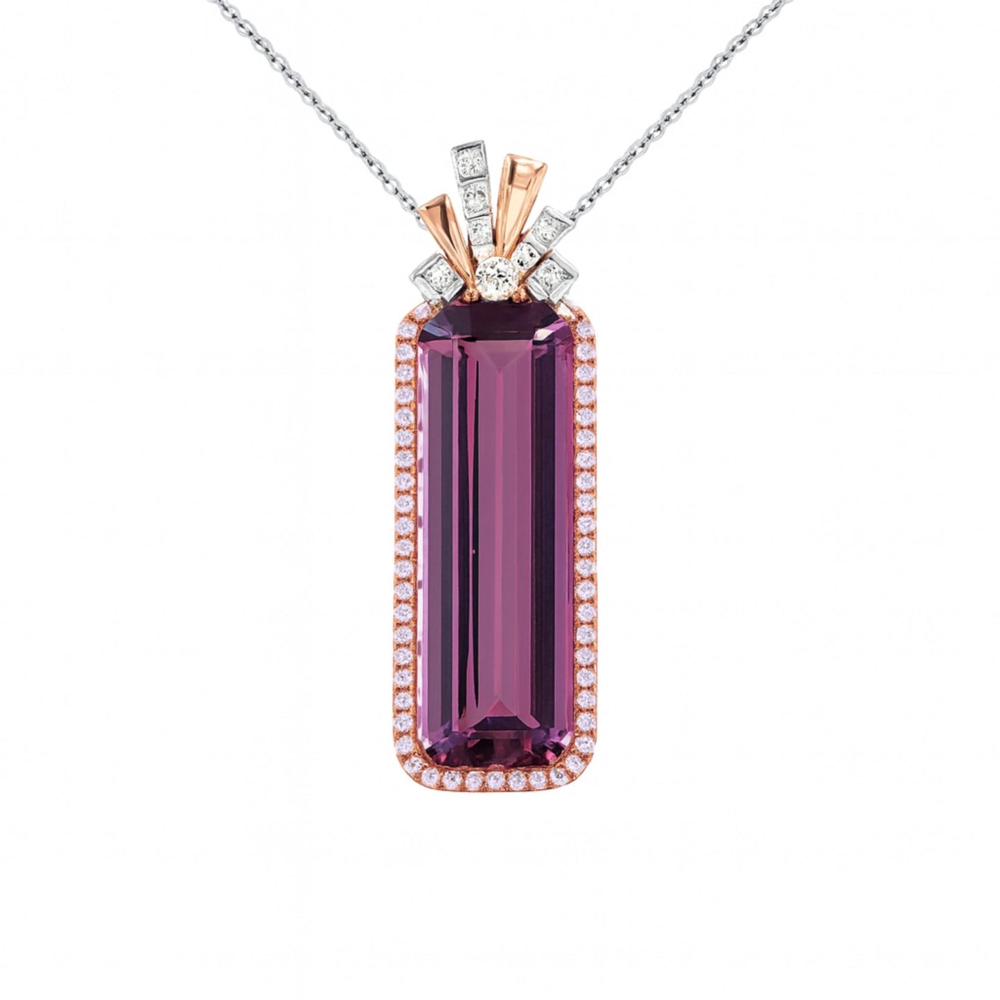 14K 24.41ct Emerald Cut Pink Diaspore 1.97cttw VS Pink & White Diamonds Pendant