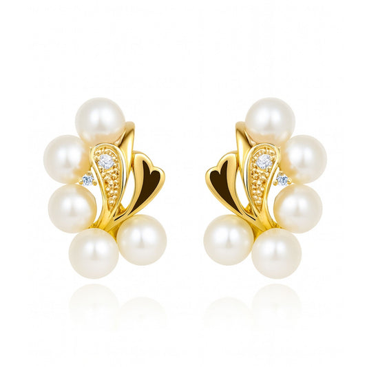 18K 5mm Round South Sea White Pearl 0.10cttw White Diamonds Huggie Earrings