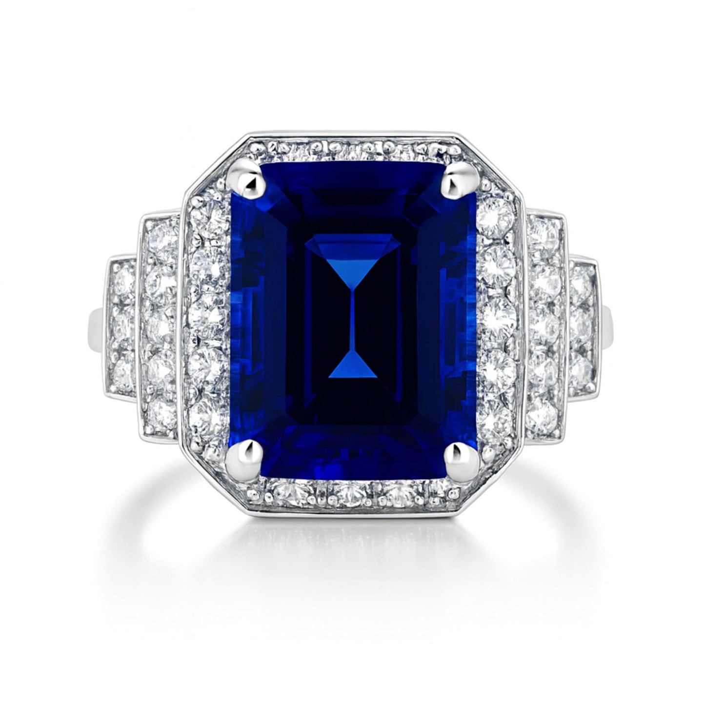 14K 6.29ct Emerald Cut Blue Wing Tanzanite 0.93cttw VS White Diamonds Ring