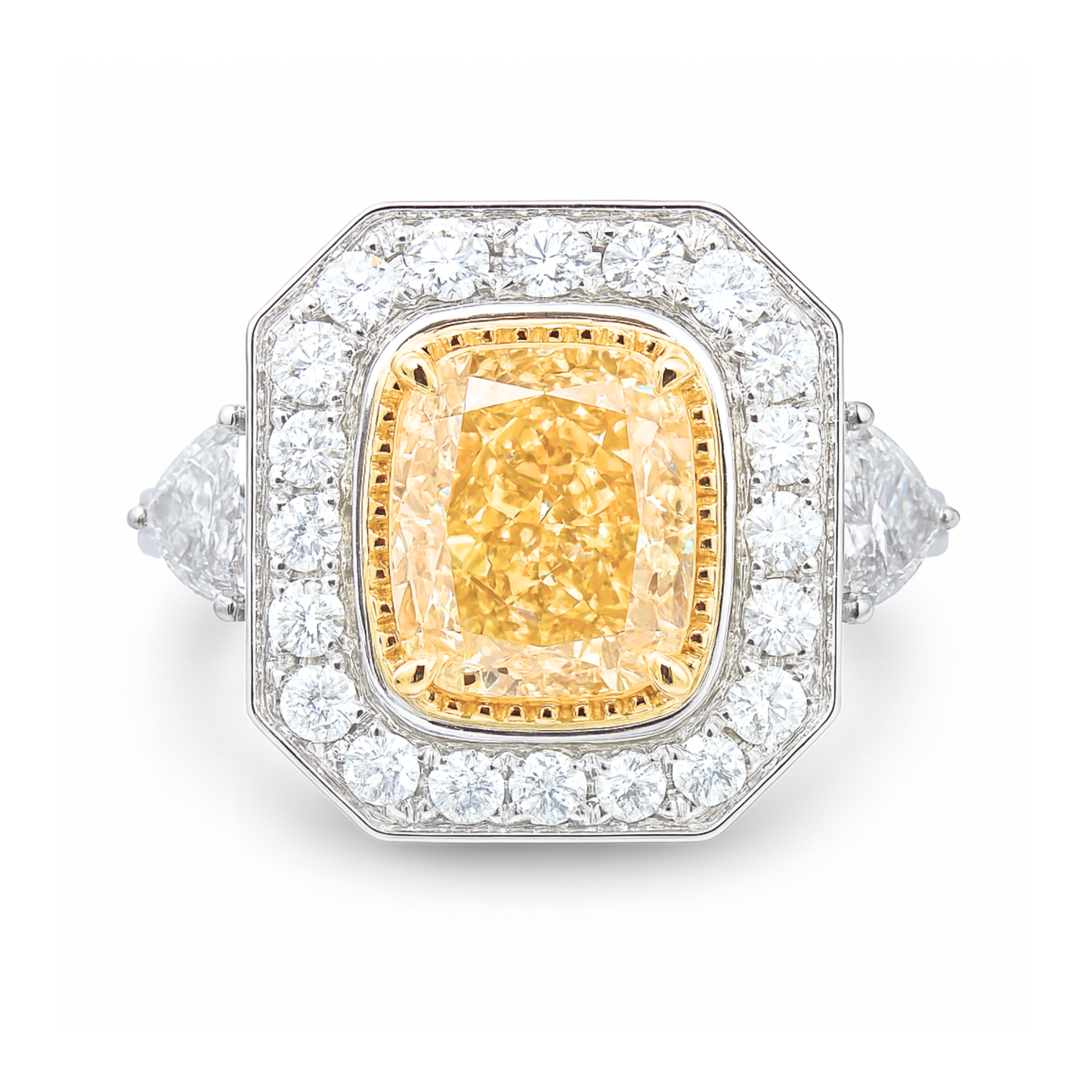 18K 3.02ct Cushion VS Yellow Diamond 0.36cttw Fancy Cut VS White Diamond 0.90cttw VS White Diamonds Ring