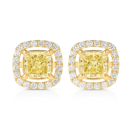 14K 1.00cttw Cushion VS Yellow Diamond 0.20cttw VS White Diamonds Stud Earrings