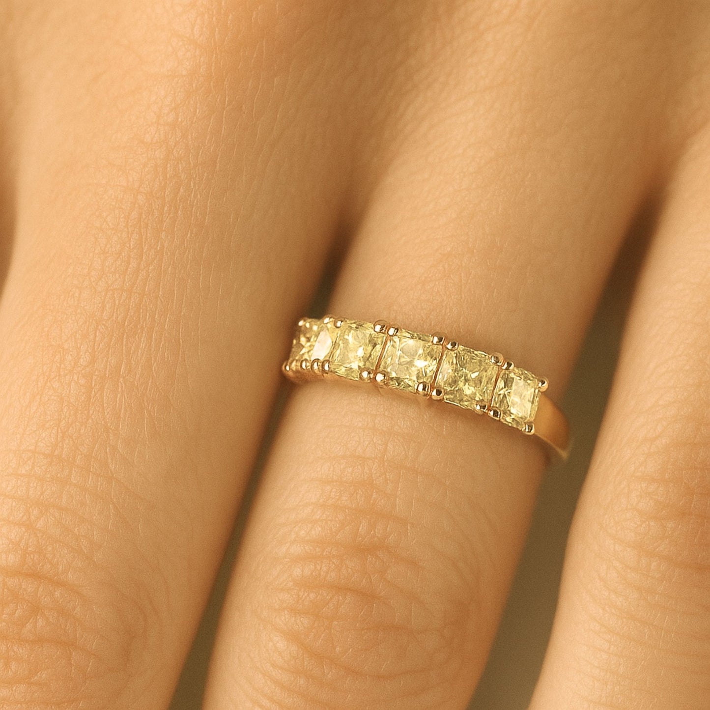 14K 1.10cttw Cushion VS Yellow Diamond 5 Stone Band Ring