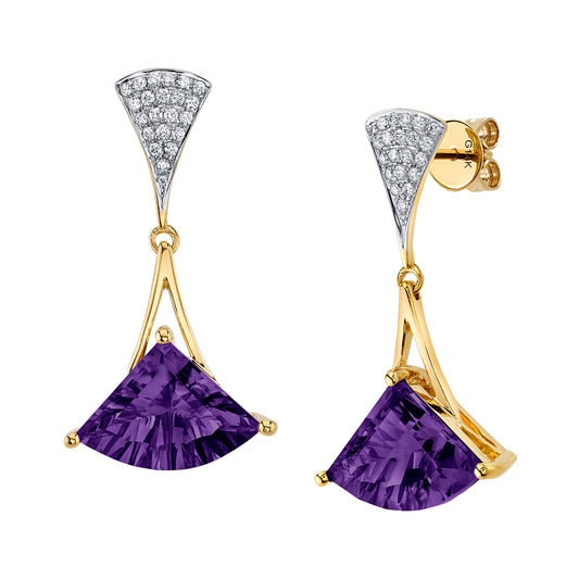 14K 7.08cttw Fancy Fan Cut Amethyst and Diamond Drop Earrings