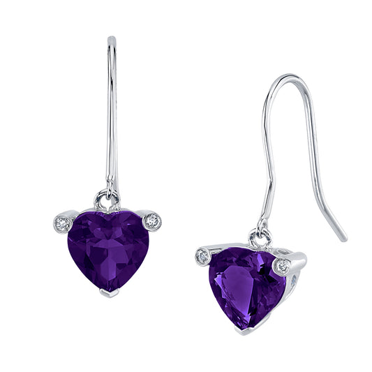 14K 2.43ct Heart Shape Amethyst and Diamond Drop Earrings
