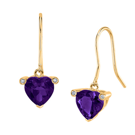 14K 2.43ct Heart Shape Amethyst and Diamond Drop Earrings