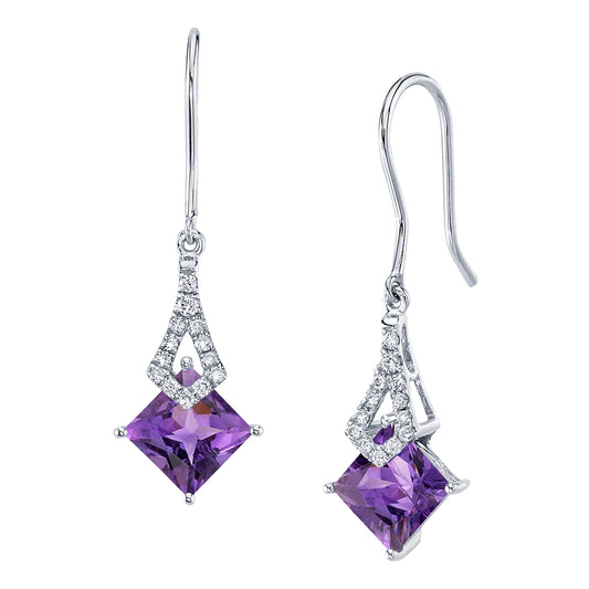 14K 1.85cttw Princess Cut Amethyst and Diamond Drop Earrings