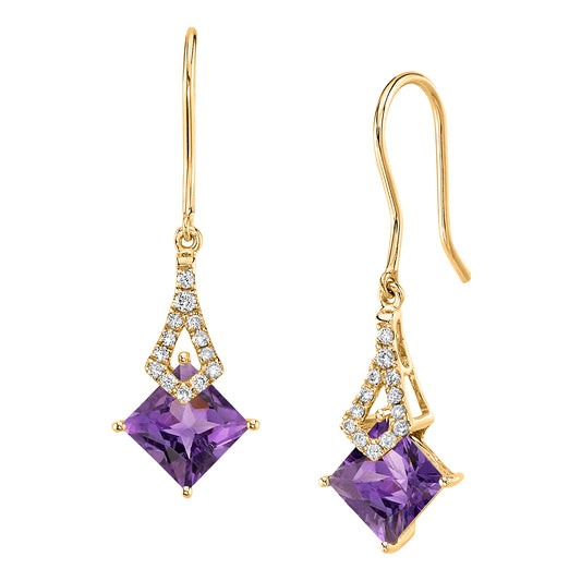 14K 1.85cttw Princess Cut Amethyst and Diamond Drop Earrings