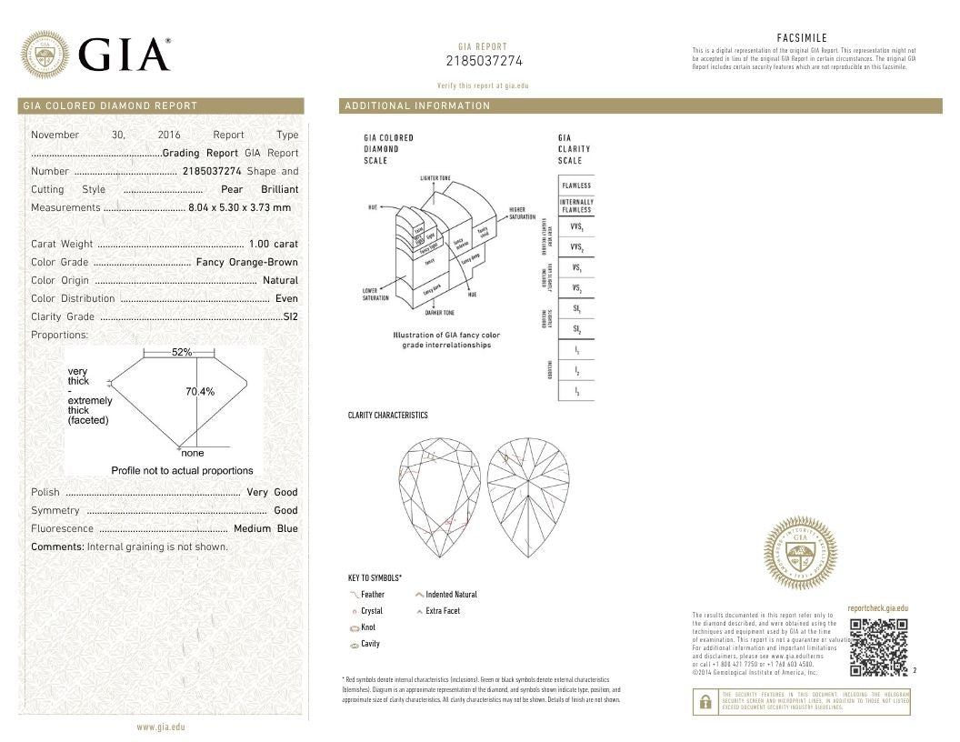 14K 1.00ct Pear Shape Orange-Brown Fancy Diamond 1.60cttw VS White Diamonds Ring GIA #2185037274
