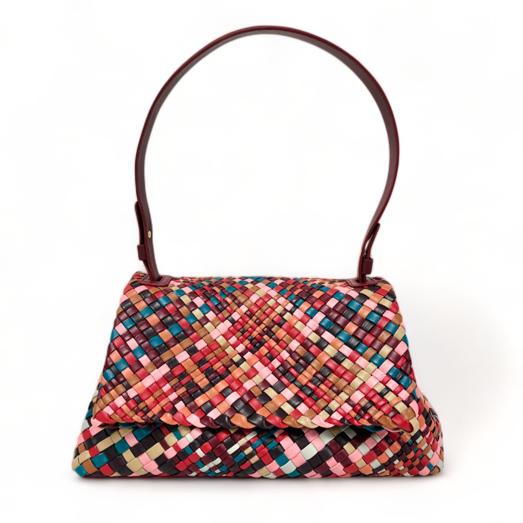 100% Genuine Lambskin Leather Woven Leather Handbag - Multicolor