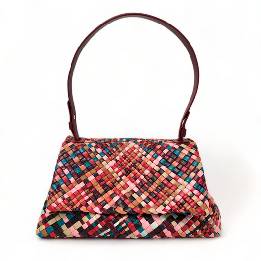 100% Genuine Lambskin Leather Woven Leather Handbag - Multicolor