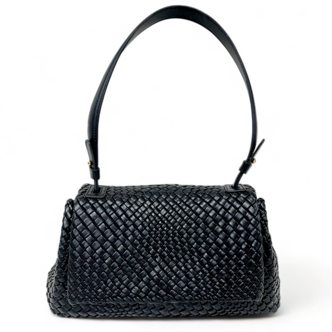 100% Genuine Lambskin Leather Woven Leather Handbag - Black