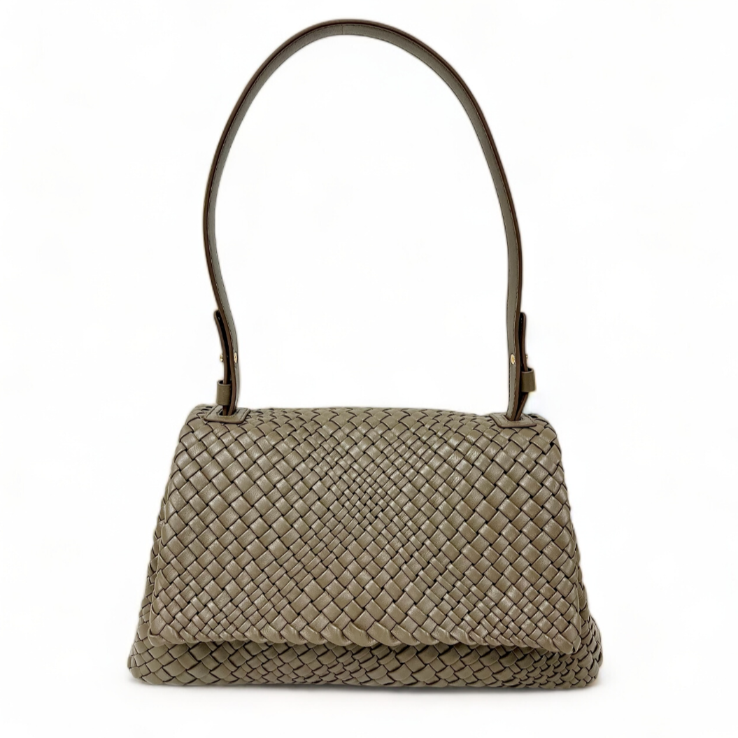 100% Genuine Lambskin Leather Woven Leather Handbag - Taupe