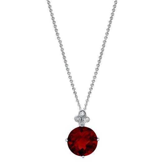 Round Garnet Pendant with Diamonds in 14K White Gold