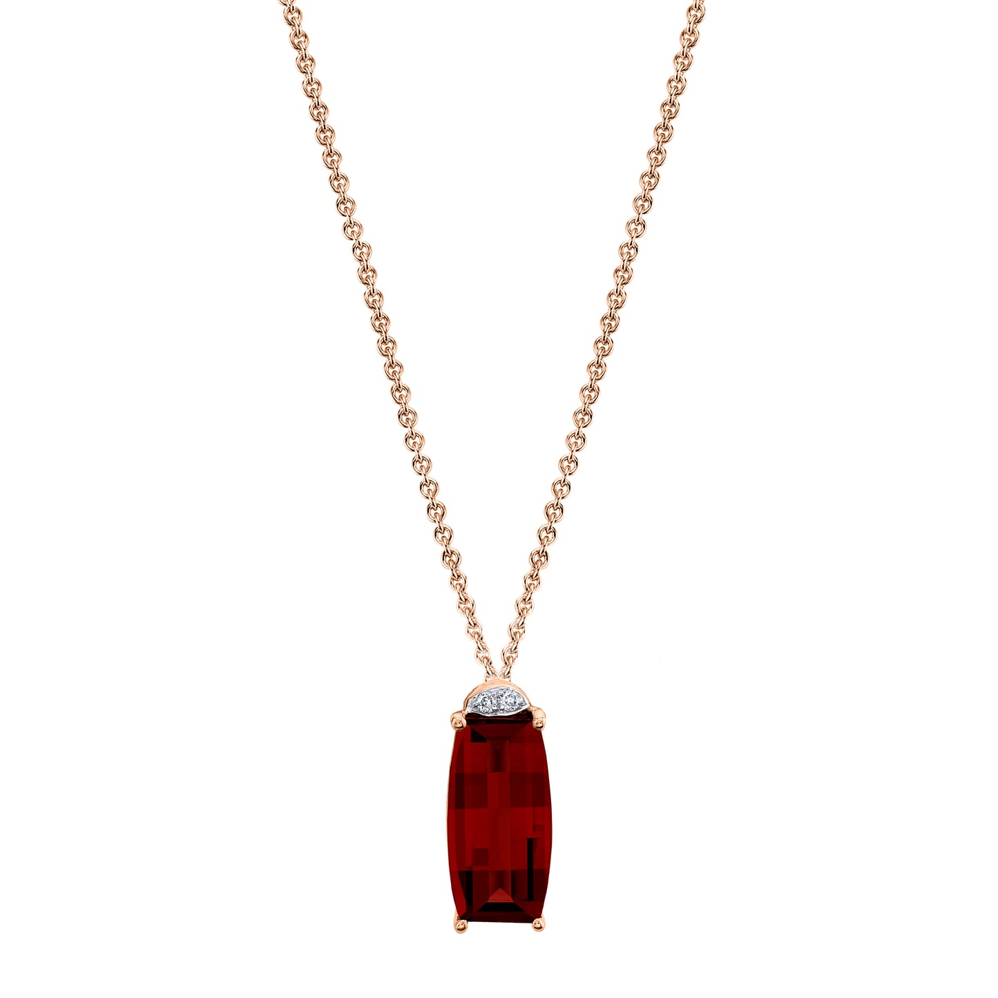 Barrel Cut Garnet Pendant with Diamonds in 14K Rose Gold