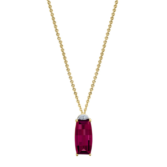 Barrel Cut Rhodolite Garnet Pendant with Diamonds in 14K Yellow Gold