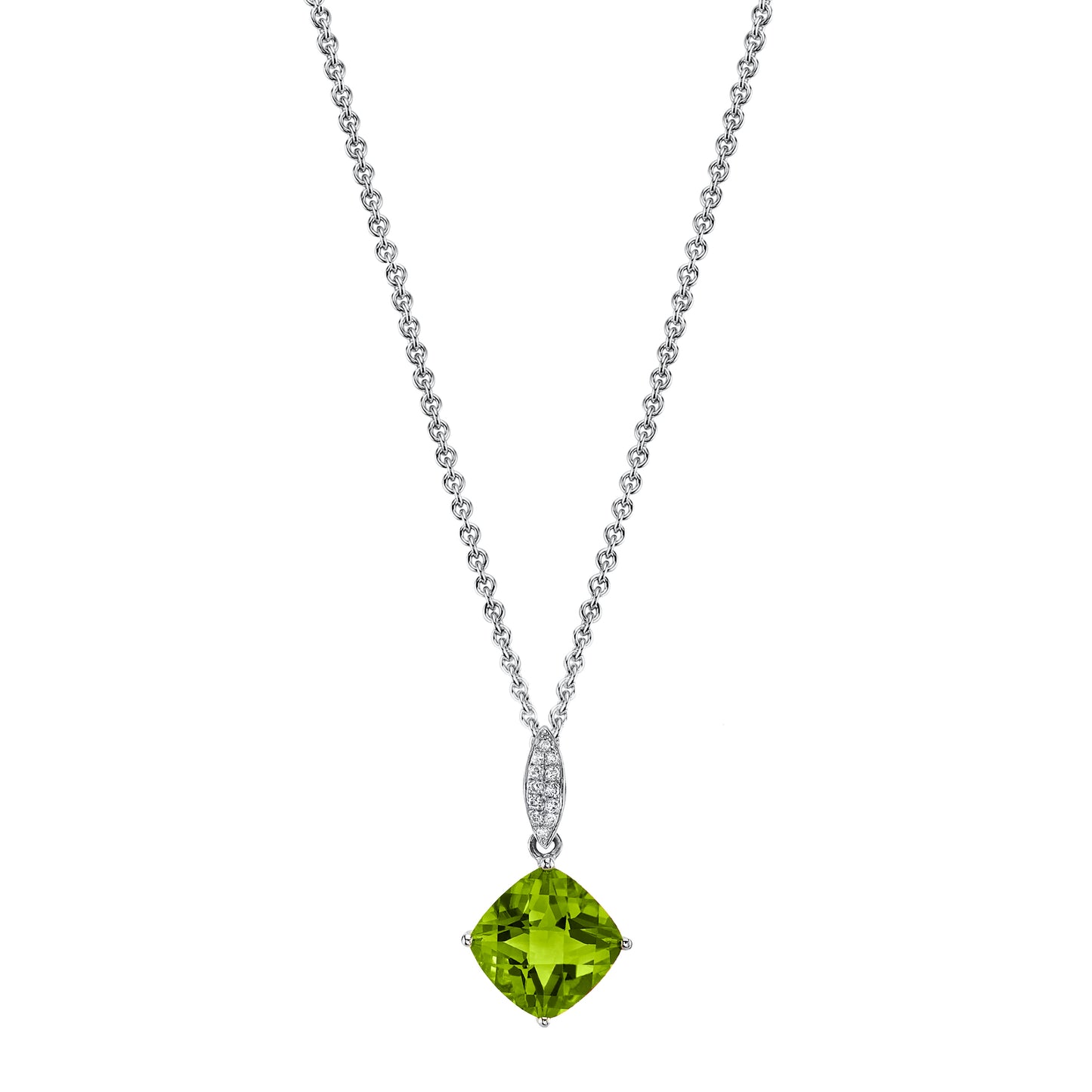 Round Peridot Charm Pendant with Diamonds in 14K White Gold