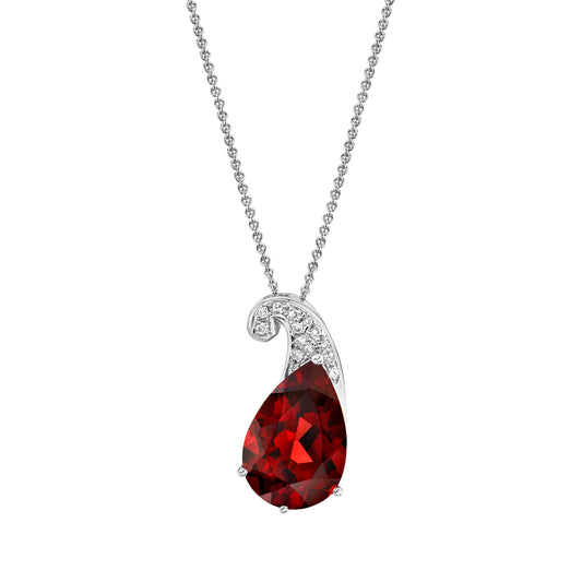 Pear Shape Garnet Seedling Pendant with Diamonds in 14K White Gold