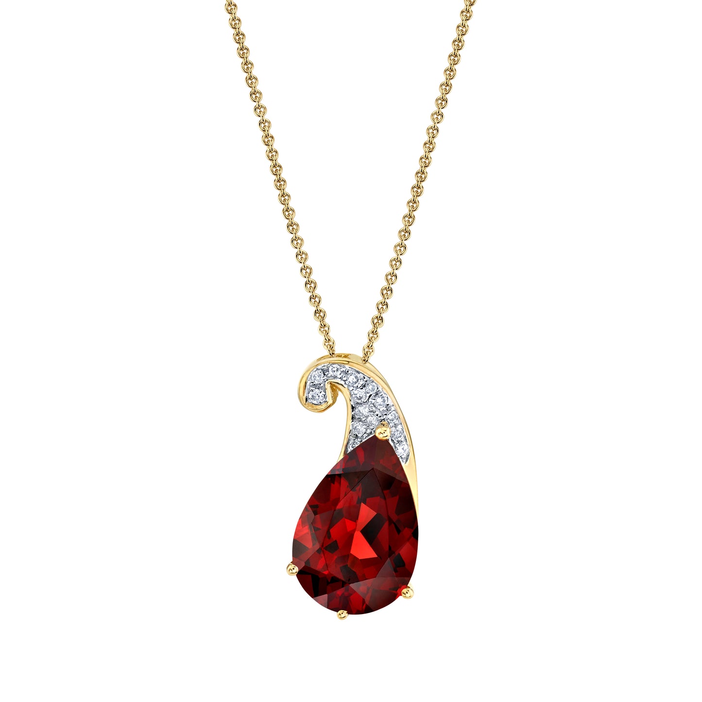 Pear Shape Garnet Seedling Pendant with Diamonds in 14K Yellow Gold