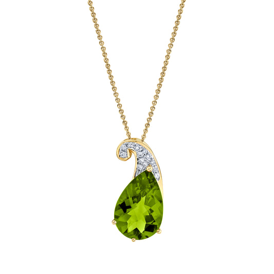 Pear Shape Peridot Seedling Pendant with Diamonds in 14K Yellow Gold