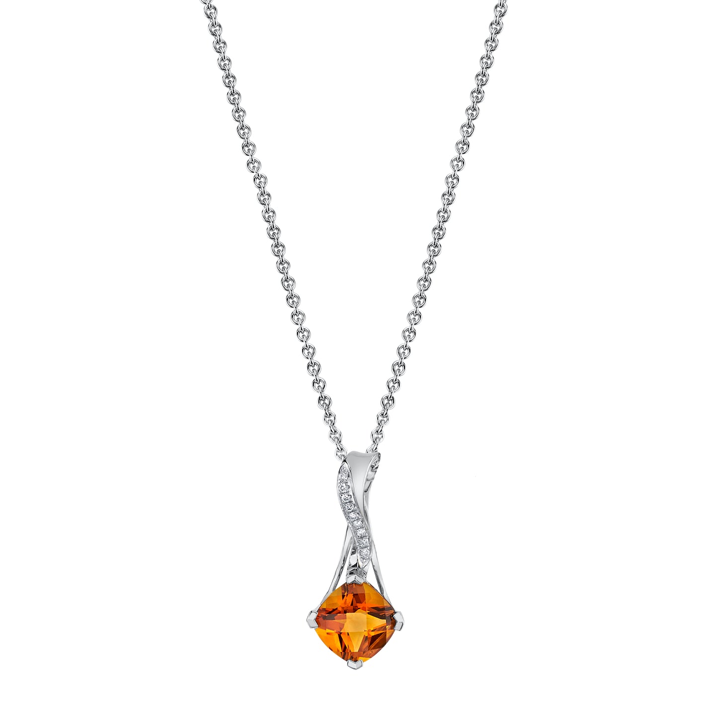 Cushion Madiera Citrine Pendant with Diamonds in 14K White Gold