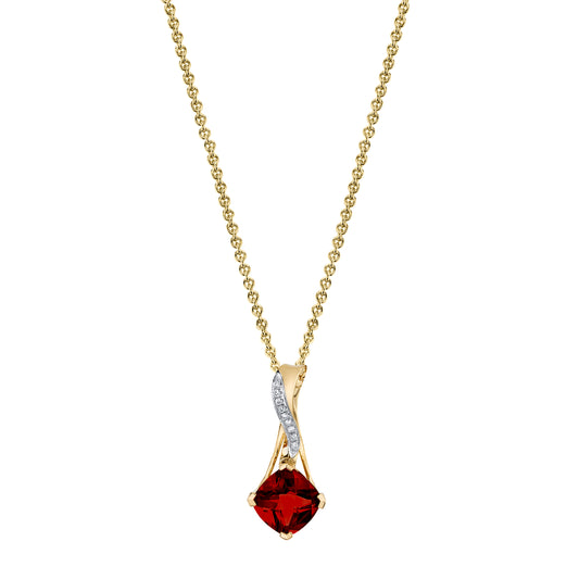 Cushion Garnet Pendant with Diamonds in 14K Yellow Gold