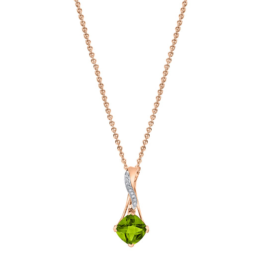 Cushion Peridot Pendant with Diamonds in 14K Yellow Gold