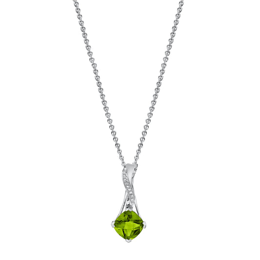 Cushion Peridot Pendant with Diamonds in 14K White Gold
