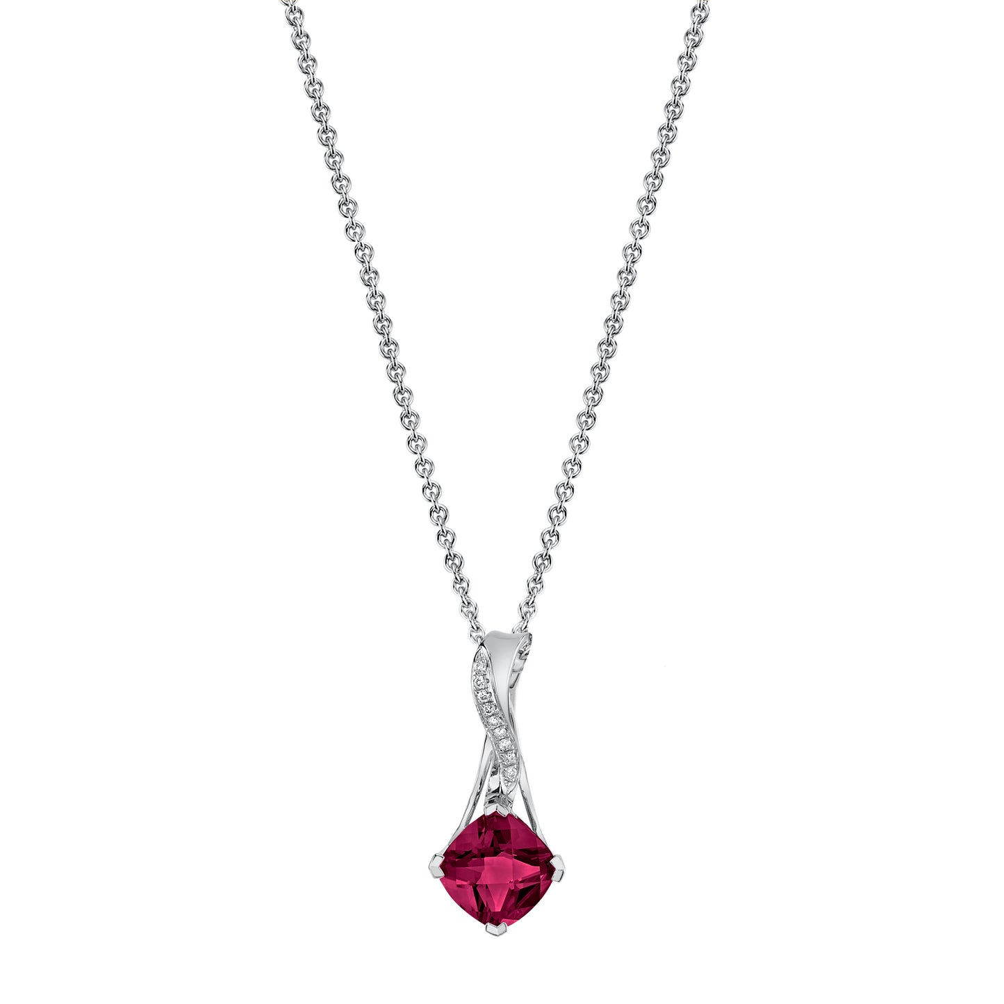 Cushion Rhodolite Garnet Pendant with Diamonds in 14K White Gold